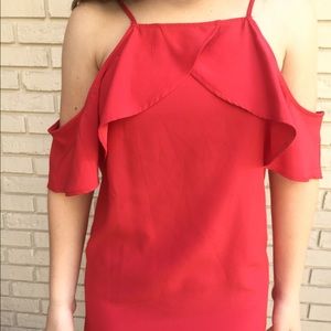 a red, off the shoulder dress!